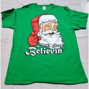 Vintage Santa 'Don't Stop Believin' Men's SIZE XL Green T-Shirt USA Christmas